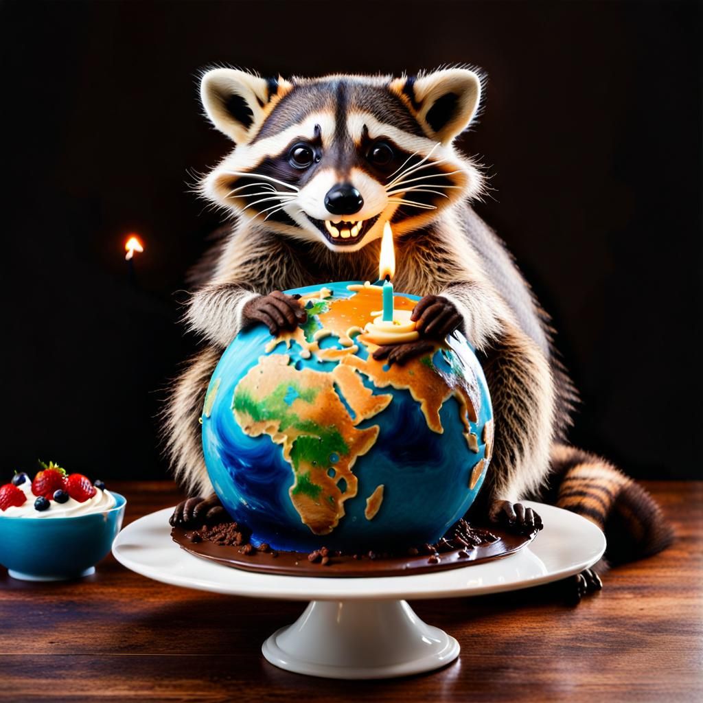 Smiling Raccoon with Earth Globe Cake