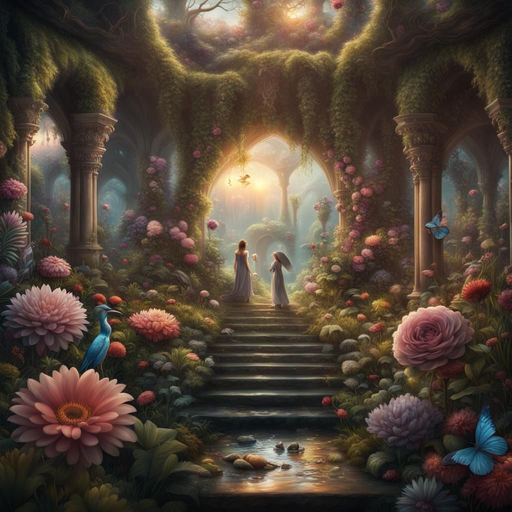 Enchanted Flower Garden with Fantasy Creatures
