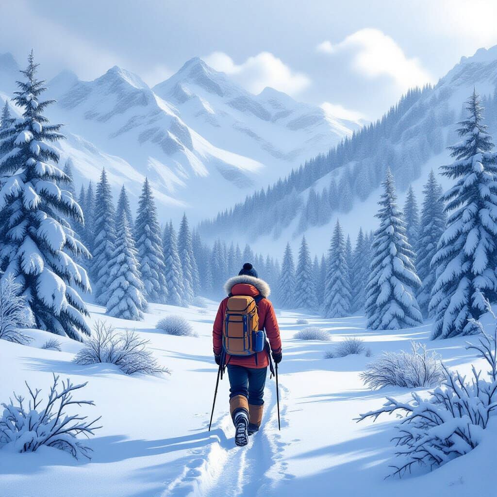 Hiker in Snowy Mountains Inspired by Romanticism