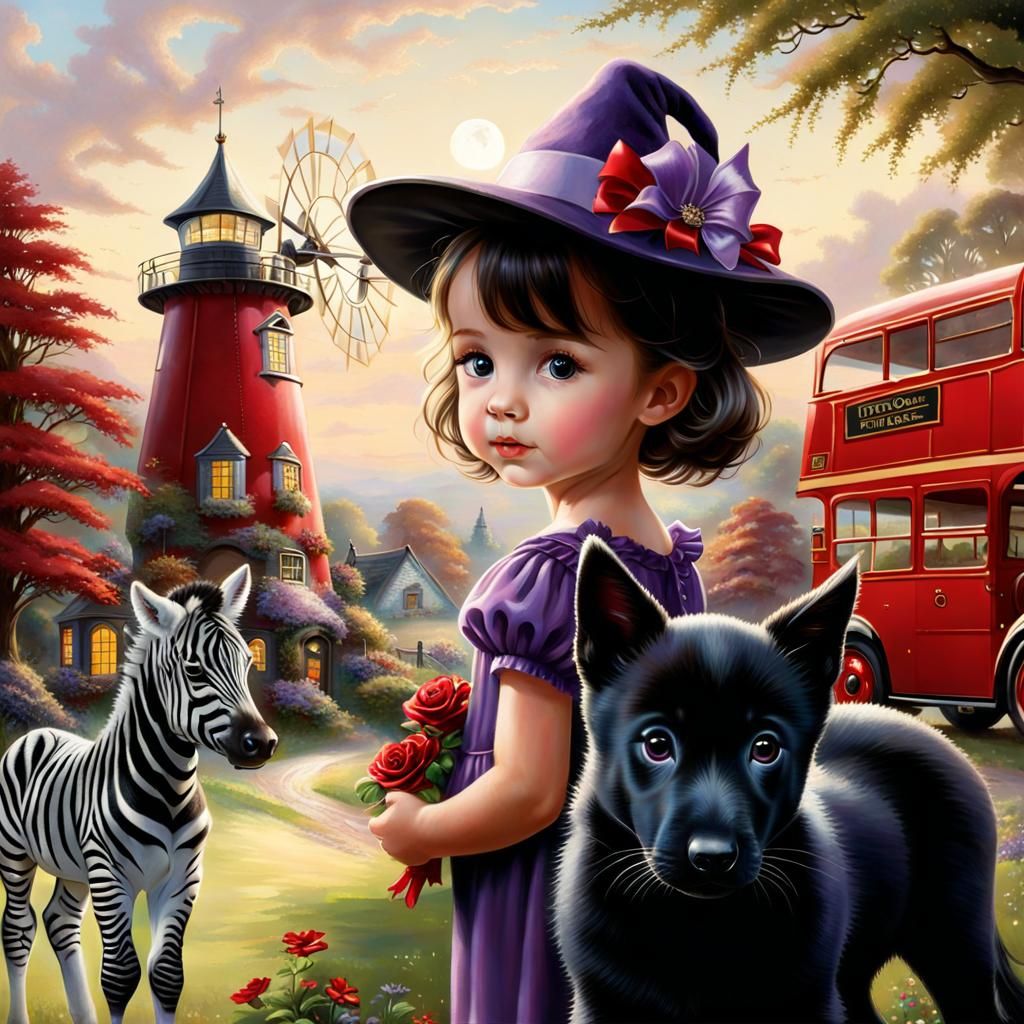 Enchanting Kinkade-Inspired Scene with Witch and Animals