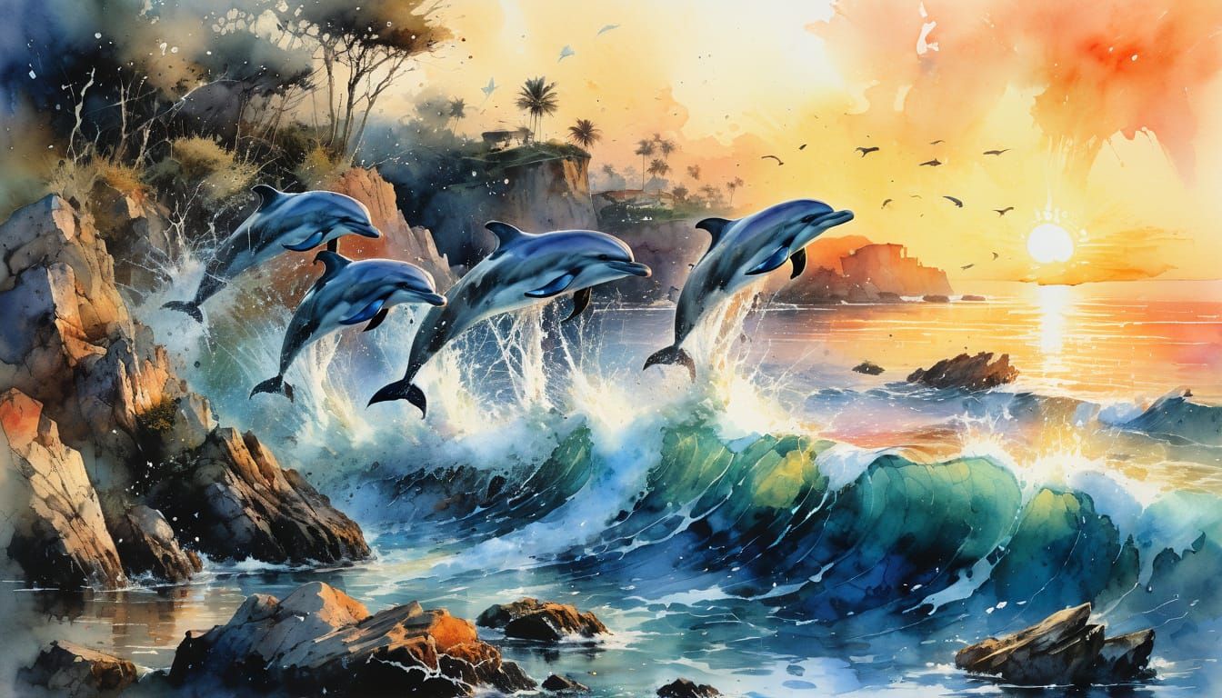 Dramatic Watercolor of Dolphins Leaping by Rocky Coast