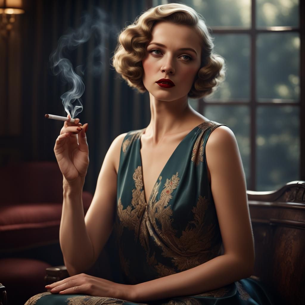 1930s Girl in Silk Dress Smoking, Detailed Matte Painting