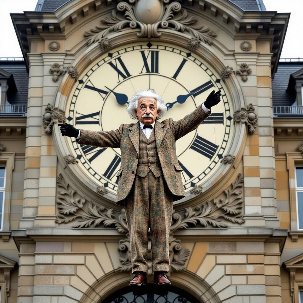 Einstein and the Giant Clock: A Surreal Scene
