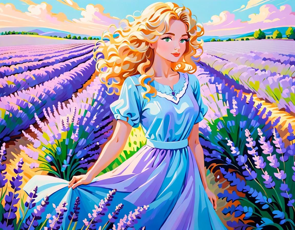 Ukrainian Woman in Lavender Field: Impasto Oil Painting