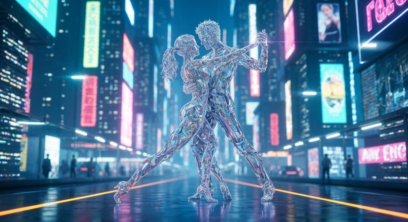 Glass Splinter Tango Dancers in Futuristic City
