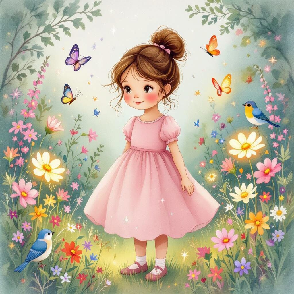 Lily in Magical Garden Watercolor Illustration