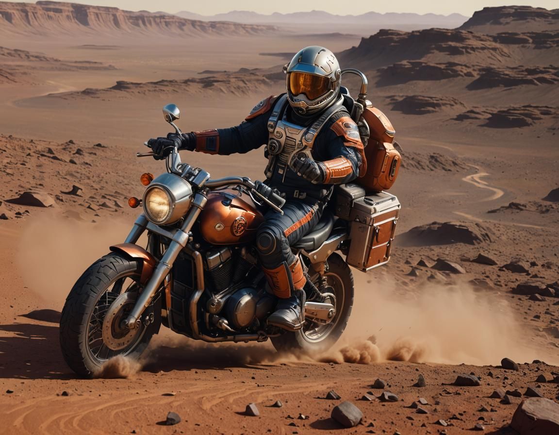 Astronaut on Harley Davidson Rides Across Mars