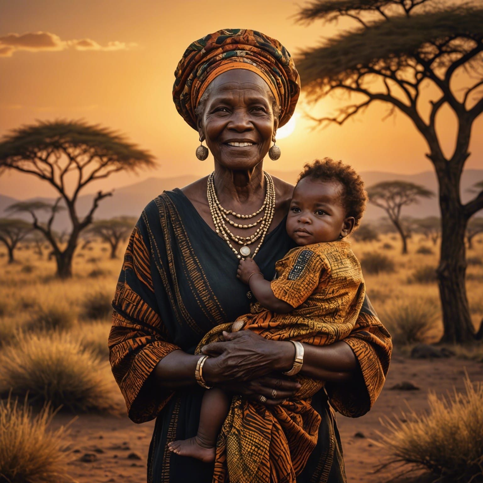 Happy African Grandmother and Baby at Sunset