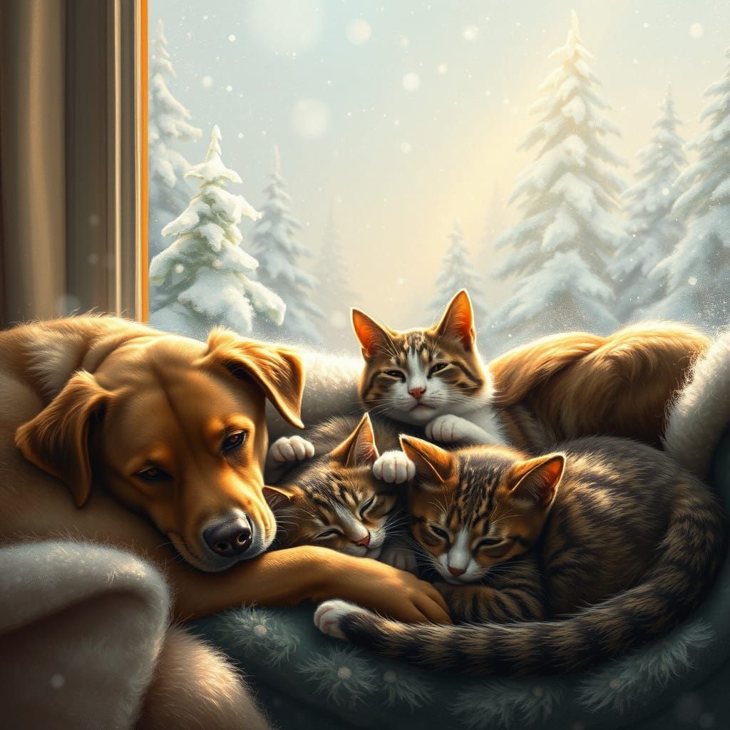 Winter Serenity: Two Dogs and Cats Bask in Gentle Snow