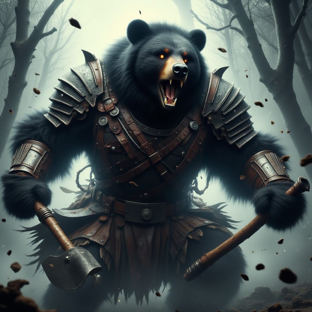 Majestic Black Bear Battle Warrior in Epic Fantasy Style