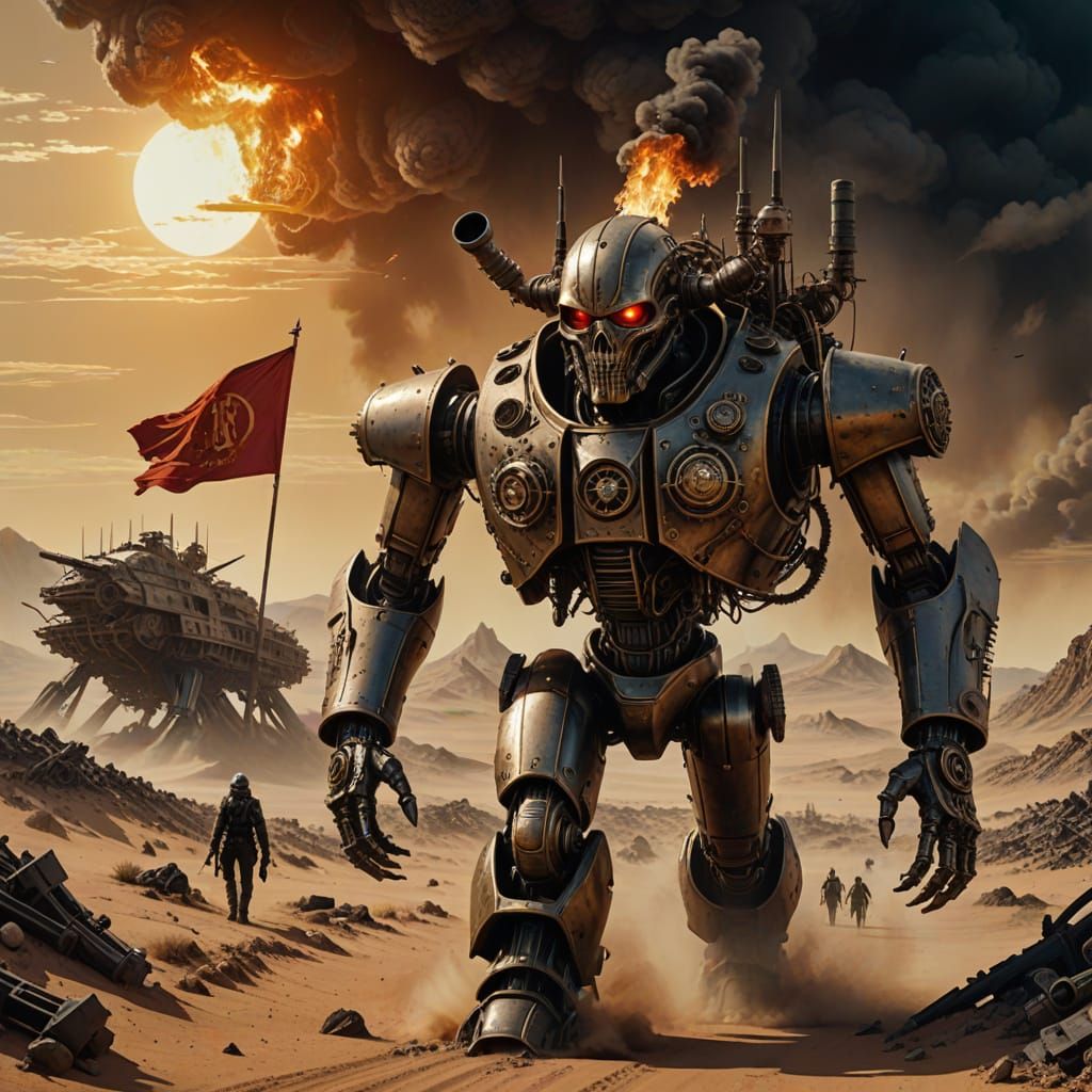 Steampunk Automaton Marches Through Fiery Desert as 3D Art