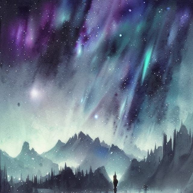 Village Under Aurora Borealis Stars, Watercolor Calligraphy