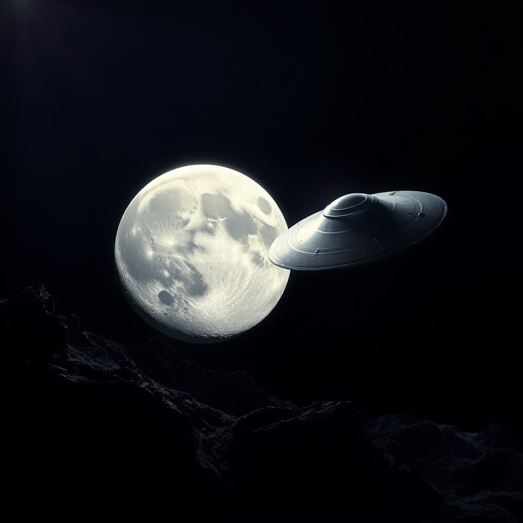 Sleek UFO Hovers Near Moon's Rugged Surface in a Celestial,....