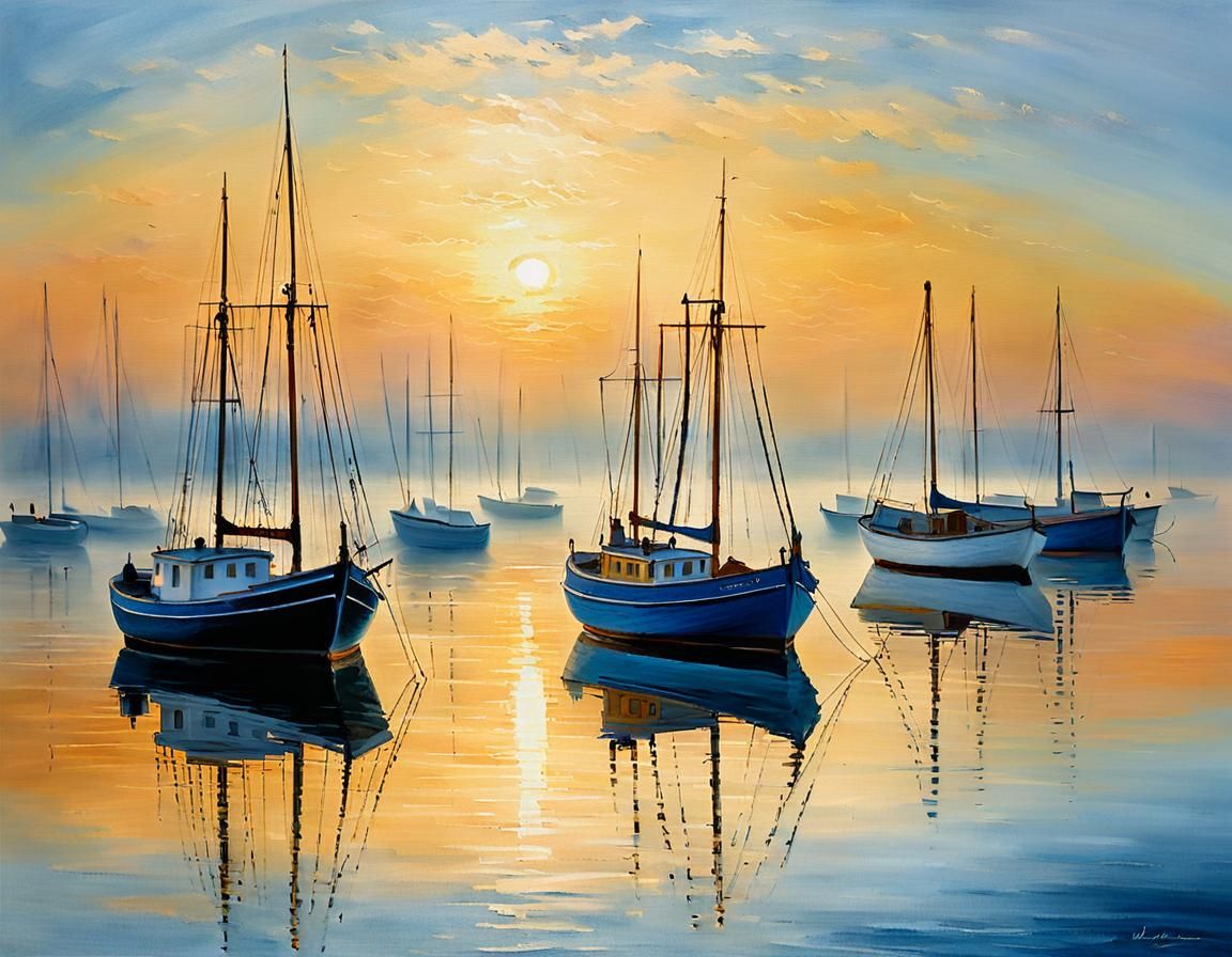 Impressionist Seascape at Sunrise with Fishing Boats
