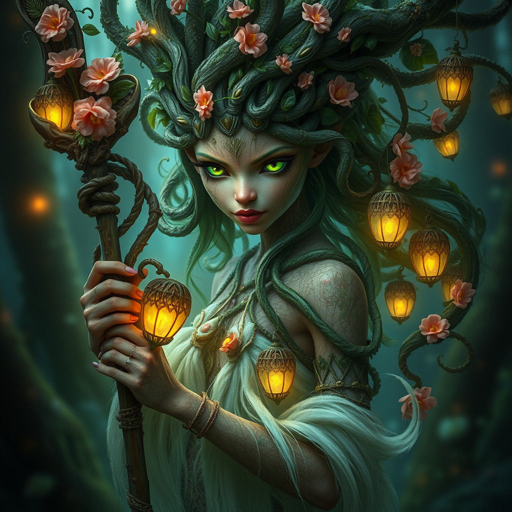 Mystical Forest Nymph with Glowing Eyes, Matte Painting