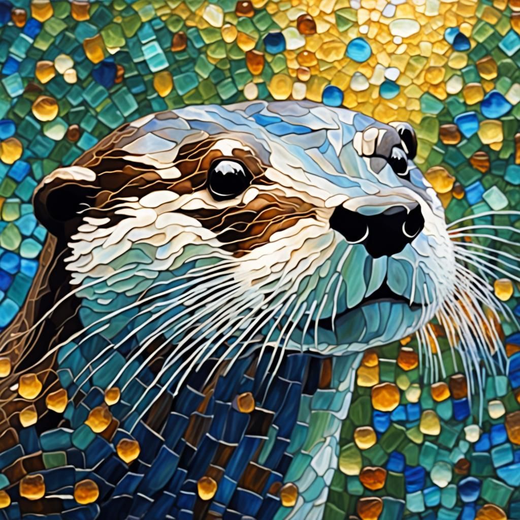 Happy Otter in Klimt-Inspired Glass Mosaic