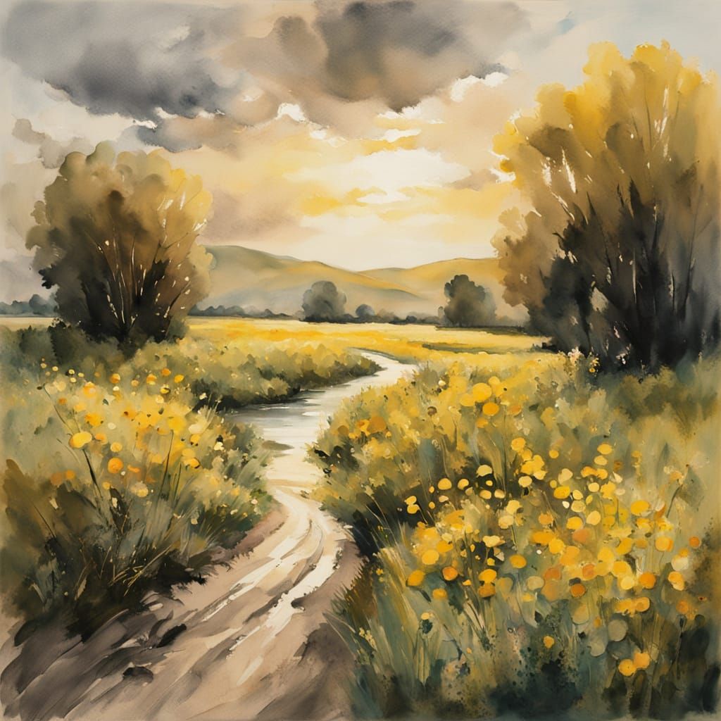 Watercolor Landscape: Sunlit Path Through Wildflower Field