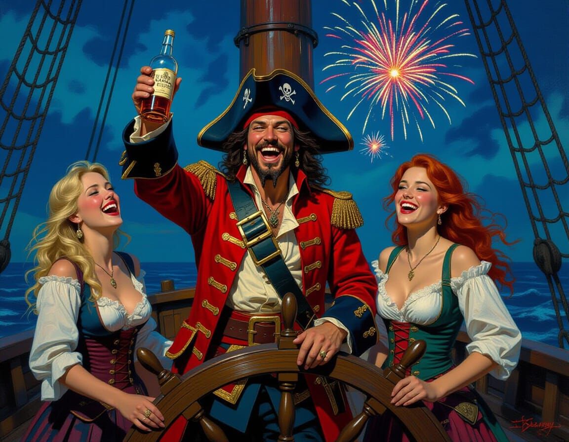 Pirate Captain Celebrates New Year With Crew, Oil Painting