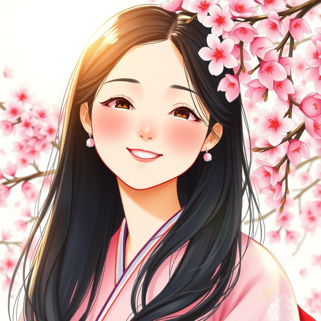 Sakura Portrait of Smiling Japanese Woman
