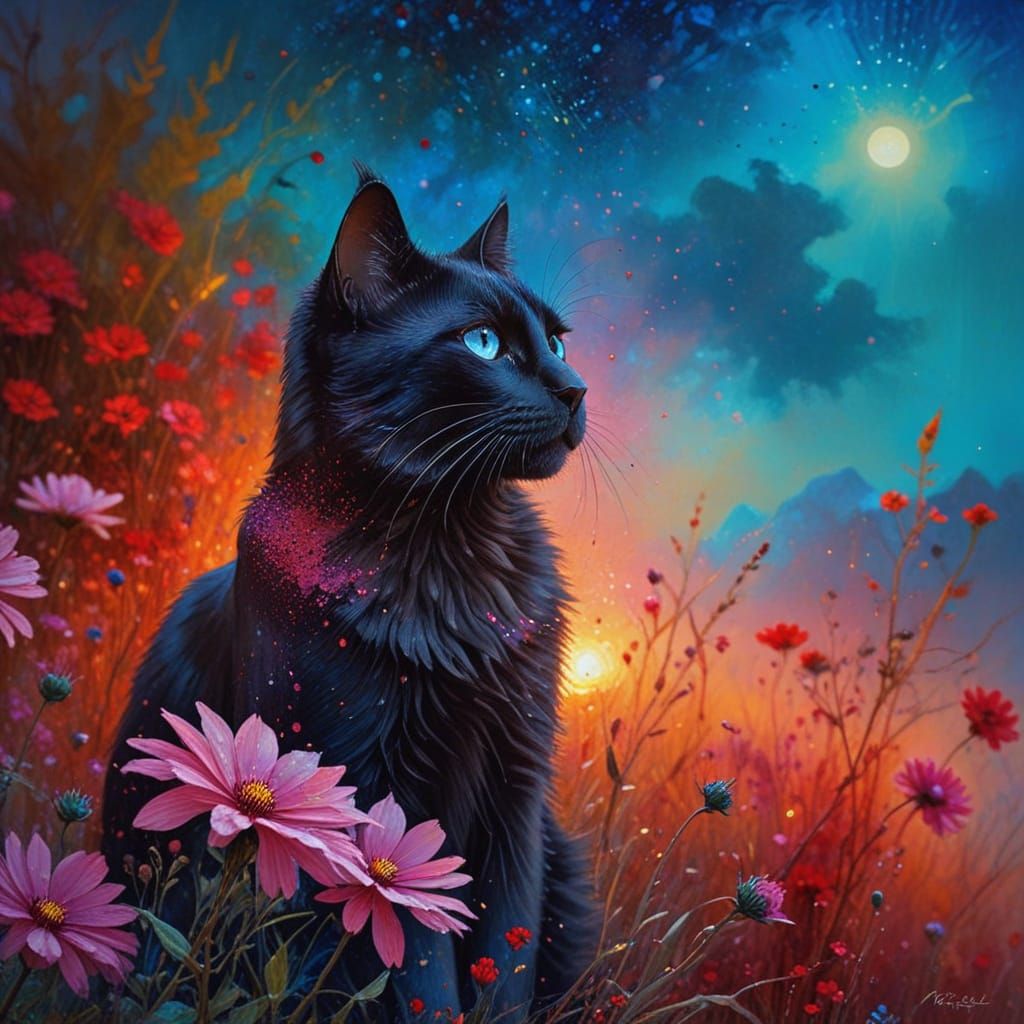 Majestic Black Cat in a Vibrant Red Cosmos Landscape