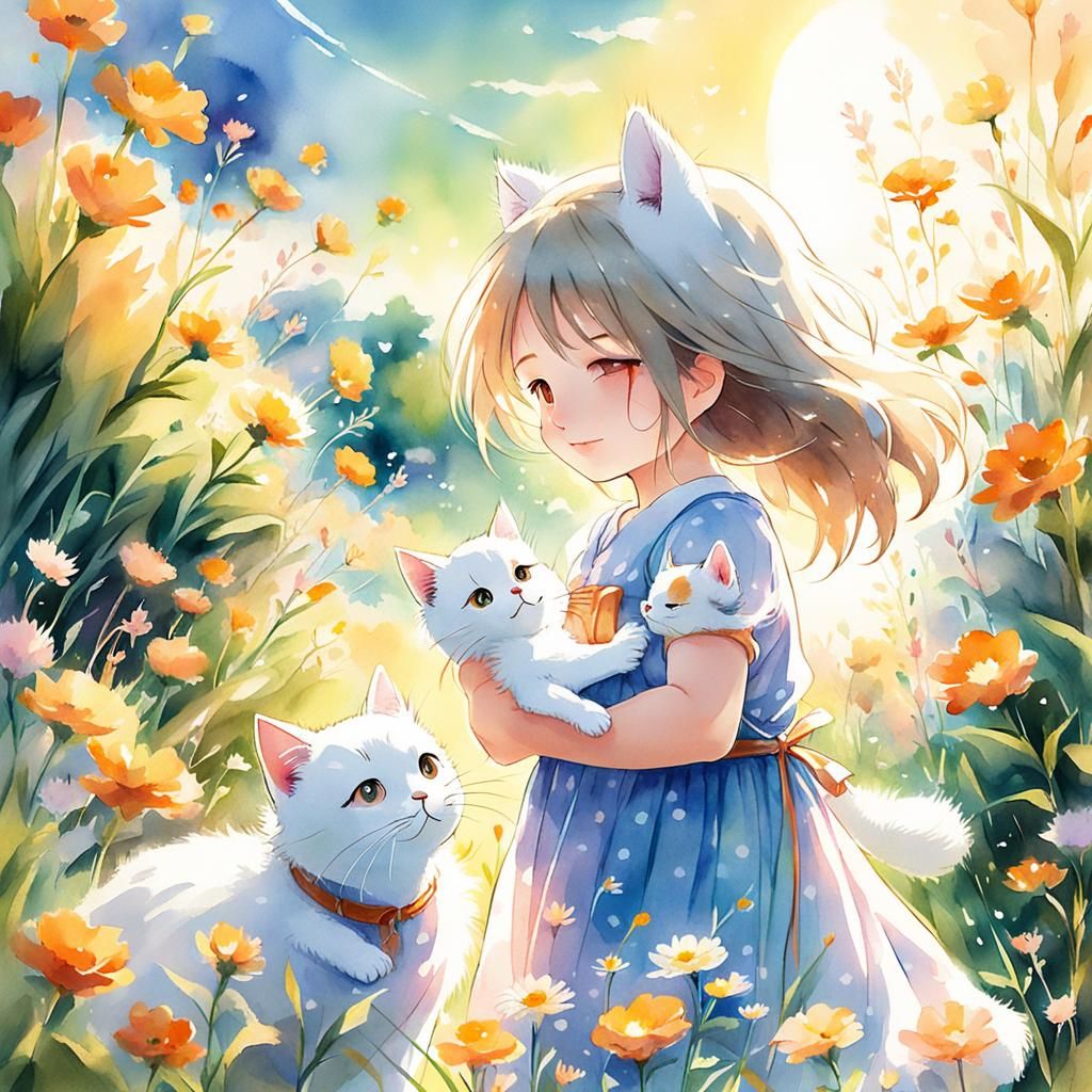 Baby Girl and Cat in Sunny Anime Meadow
