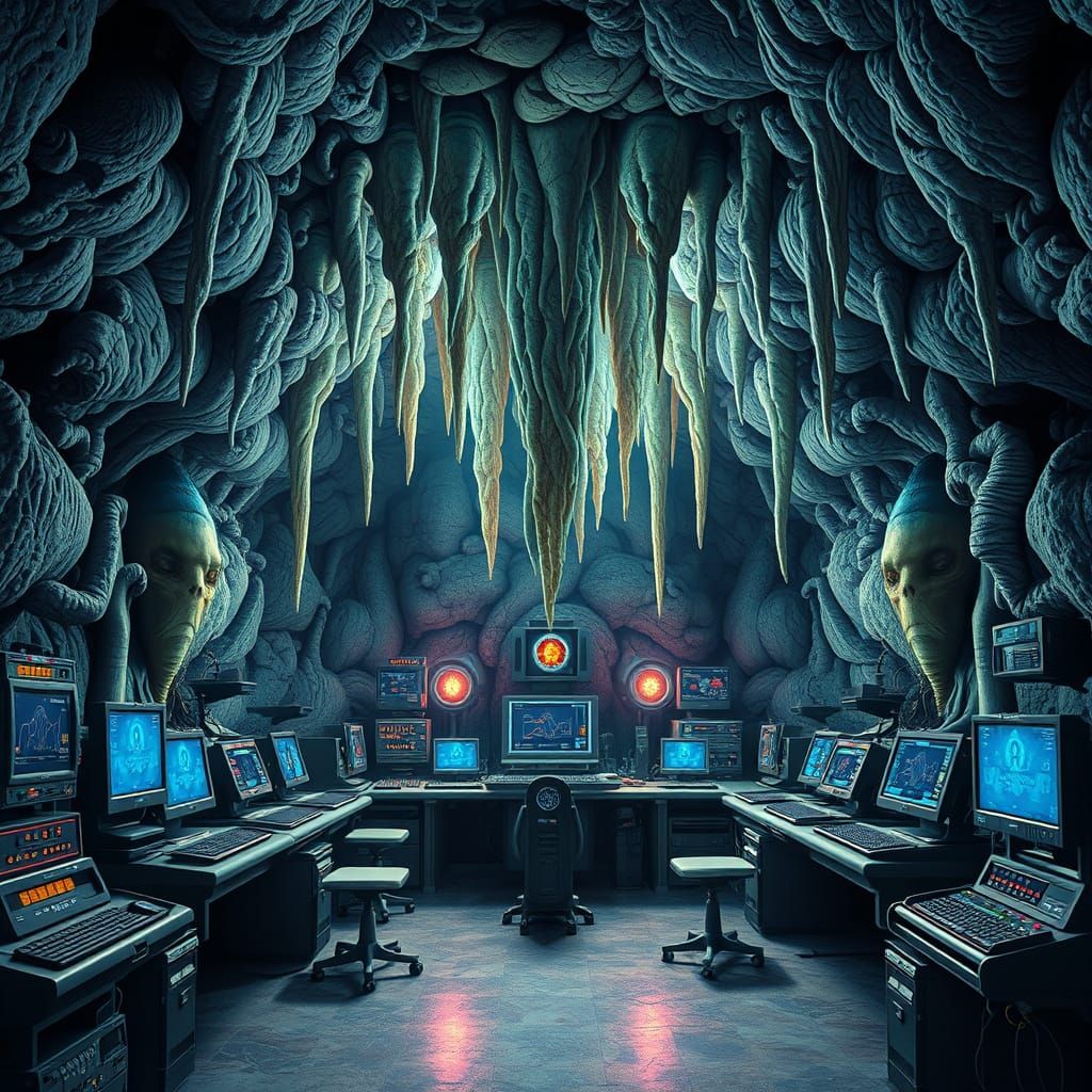 Surreal Underground Alien Research Facility in Cyberpunk Aes...