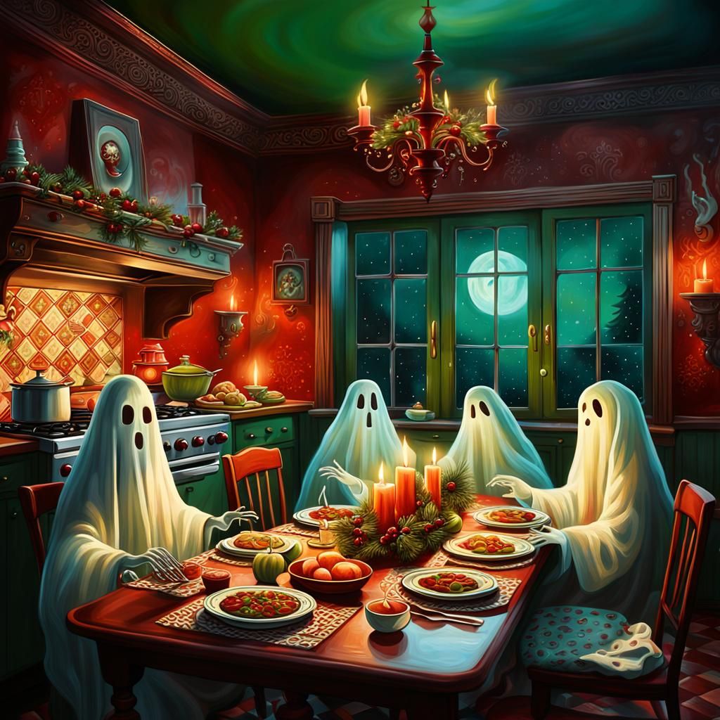 Ghosts' Retro Christmas Feast: Oil Painting