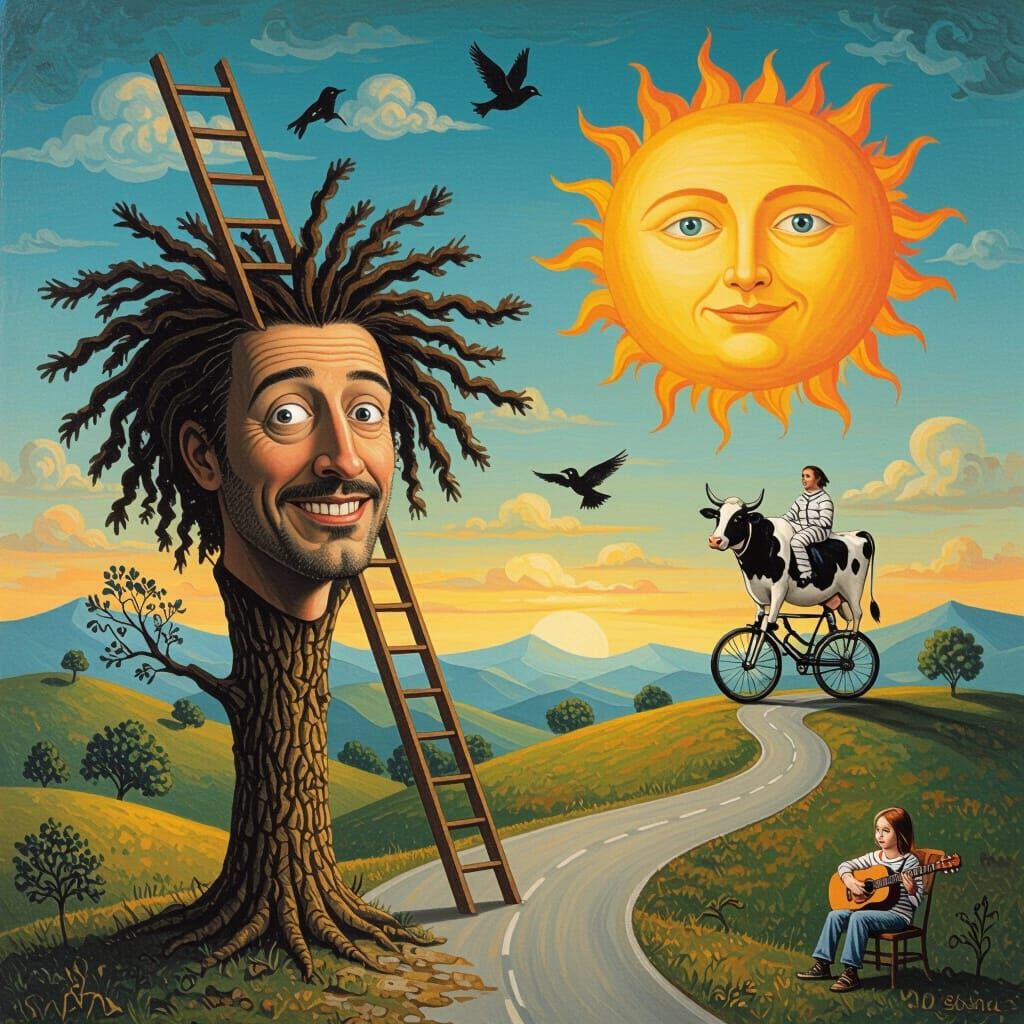 Surreal Man With Ladder Hat and Flying Cow