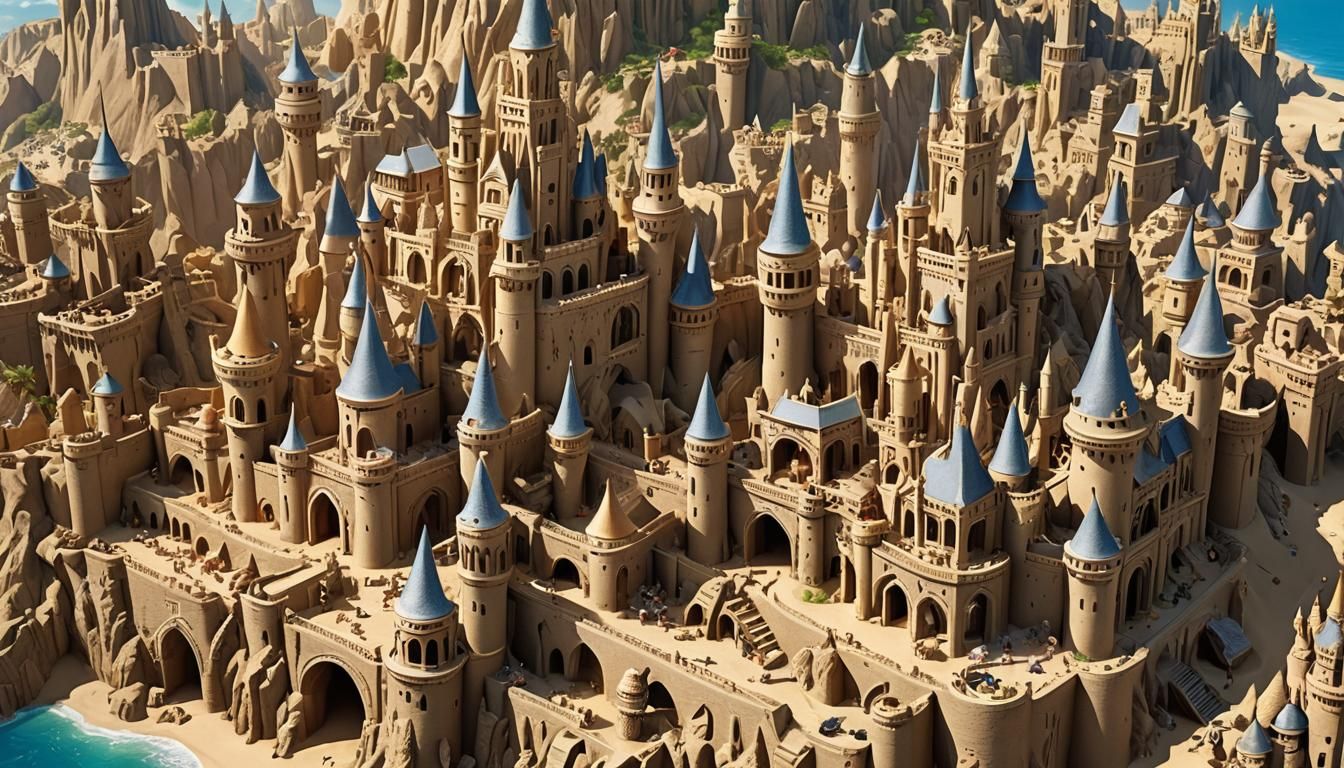 Detailed Sandcastle City with Mythical Carvings