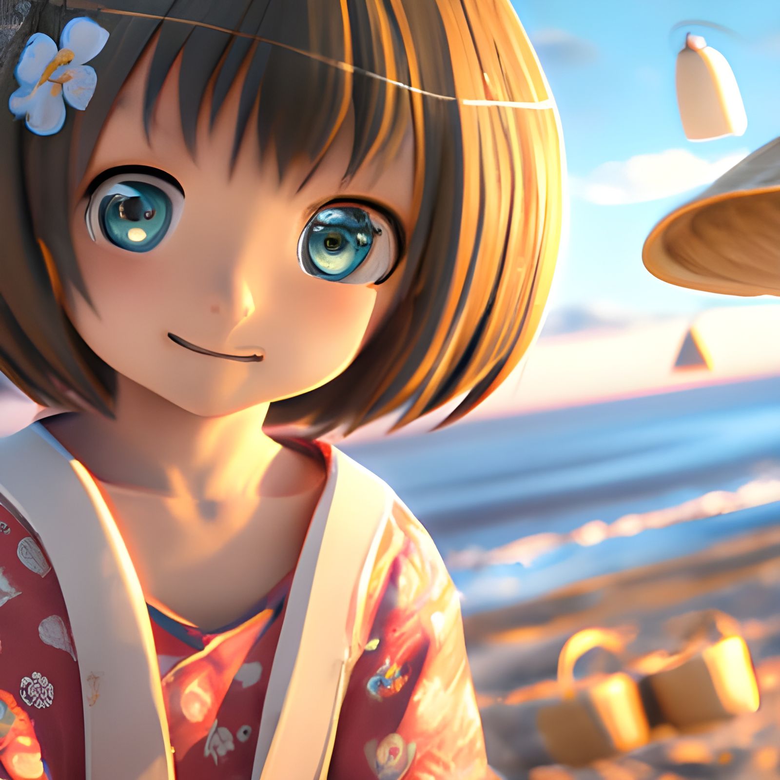 Chibi Japanese Girl on Beach, Detailed 3D Render