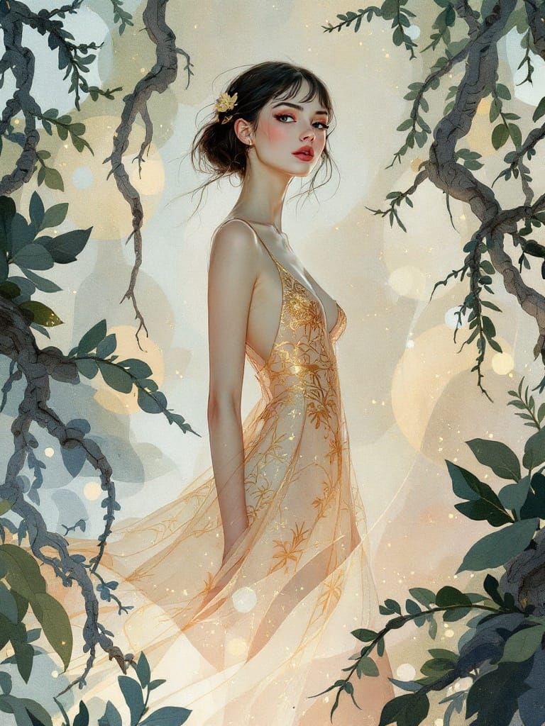 Botanical Goddess in Twilight Forest, Ethereal Art