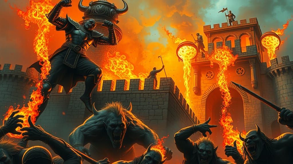 Medieval Castle Under Siege in Dark Fantasy Style