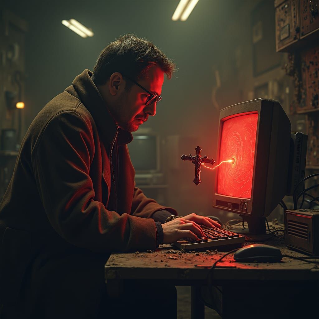 Exorcist Battles Computer Demon in Gothic Digital Art