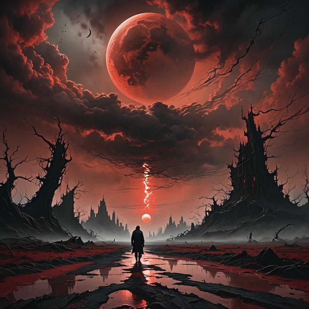 Dark Fantasy Figure Silhouetted Against Red Moon