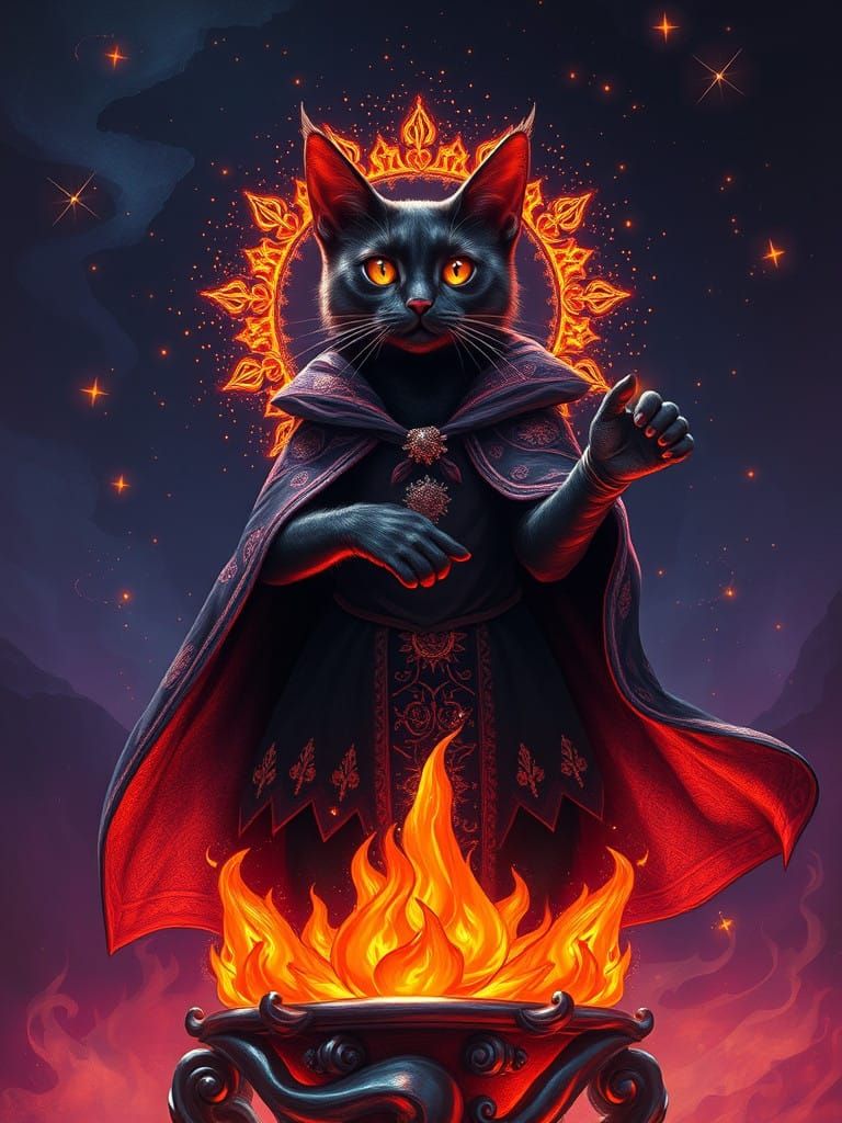 Mystical Black Cat Magician in Starry Cloak, Weaving Celesti...