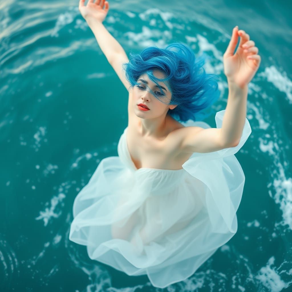 Ethereal Woman Floating Above Turquoise Ocean