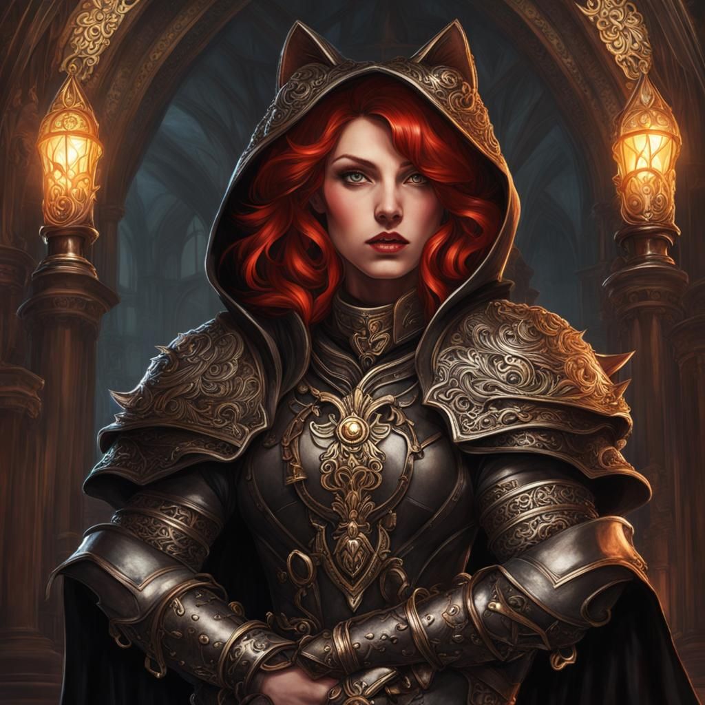Redhead Guard Arrests Cat in Filigree Armor