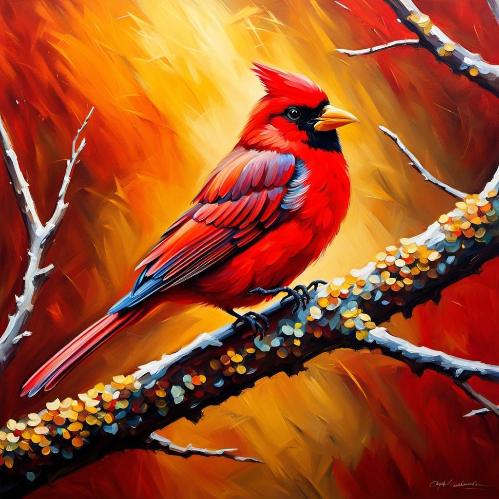 Red Bird Perched on Branch, Impasto Oil Painting
