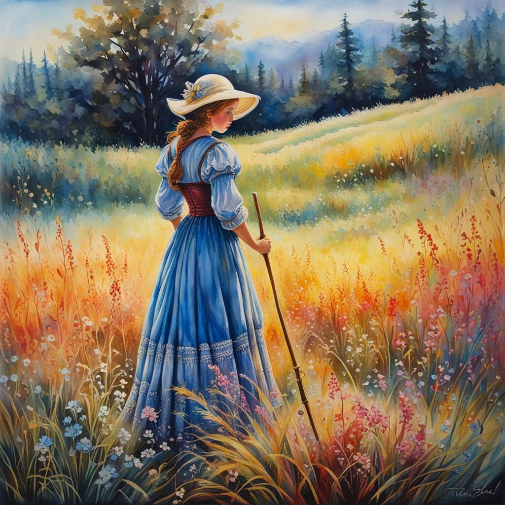 Distressed Little Bo Peep in Watercolor Field