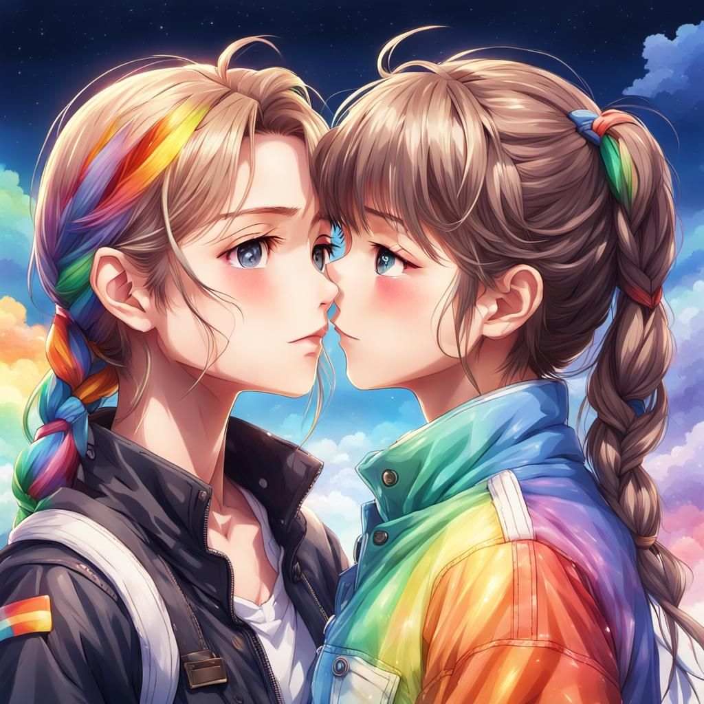 Lesbians Kissing Under Rainbow Sky in Anime Style