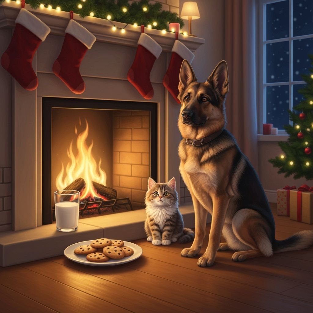 Cozy Christmas Eve Scene with Pets Waiting for Santa