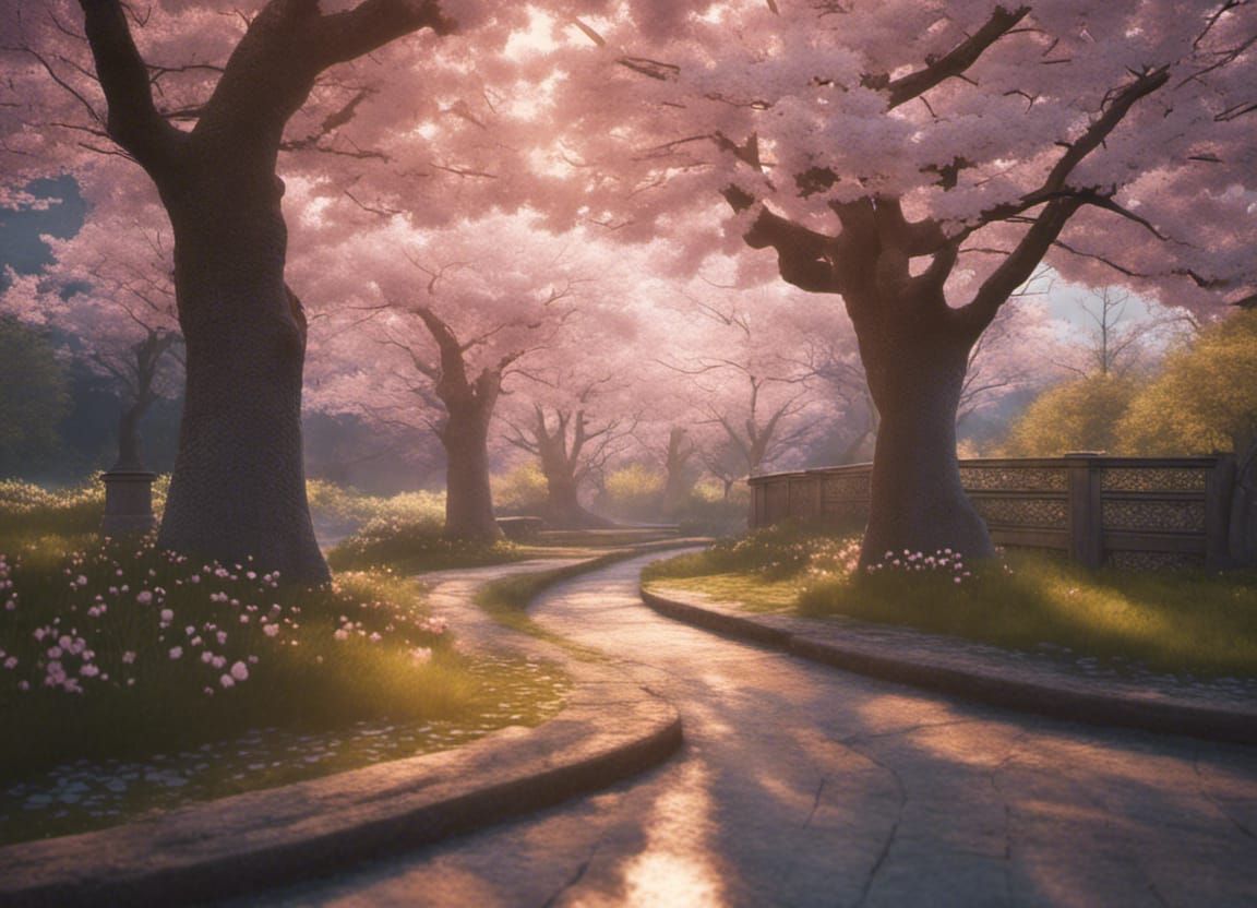 Cherry Blossoms and Maple Trees at Magic Hour