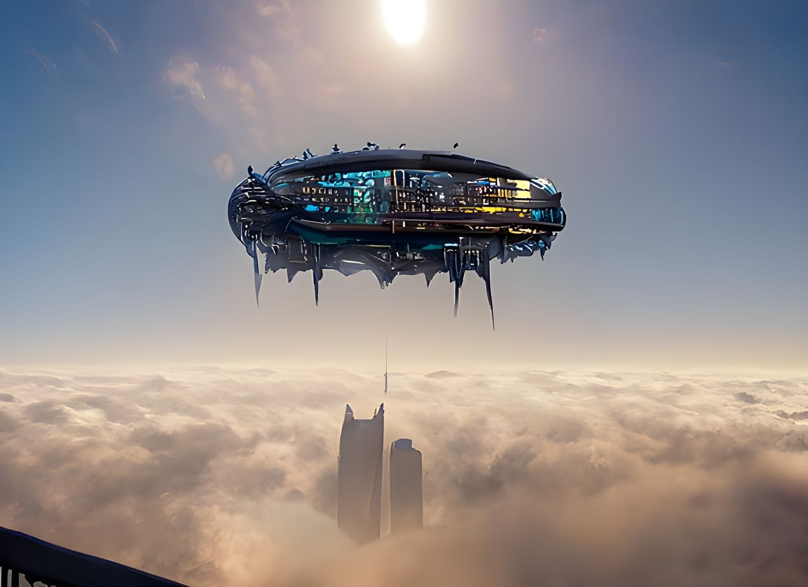 Alien Spaceship Over Biopunk Metropolis in Digital Illustrat...