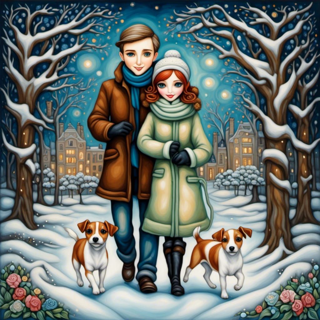 Couple Walking Dog in Winter Park, Impasto Painting