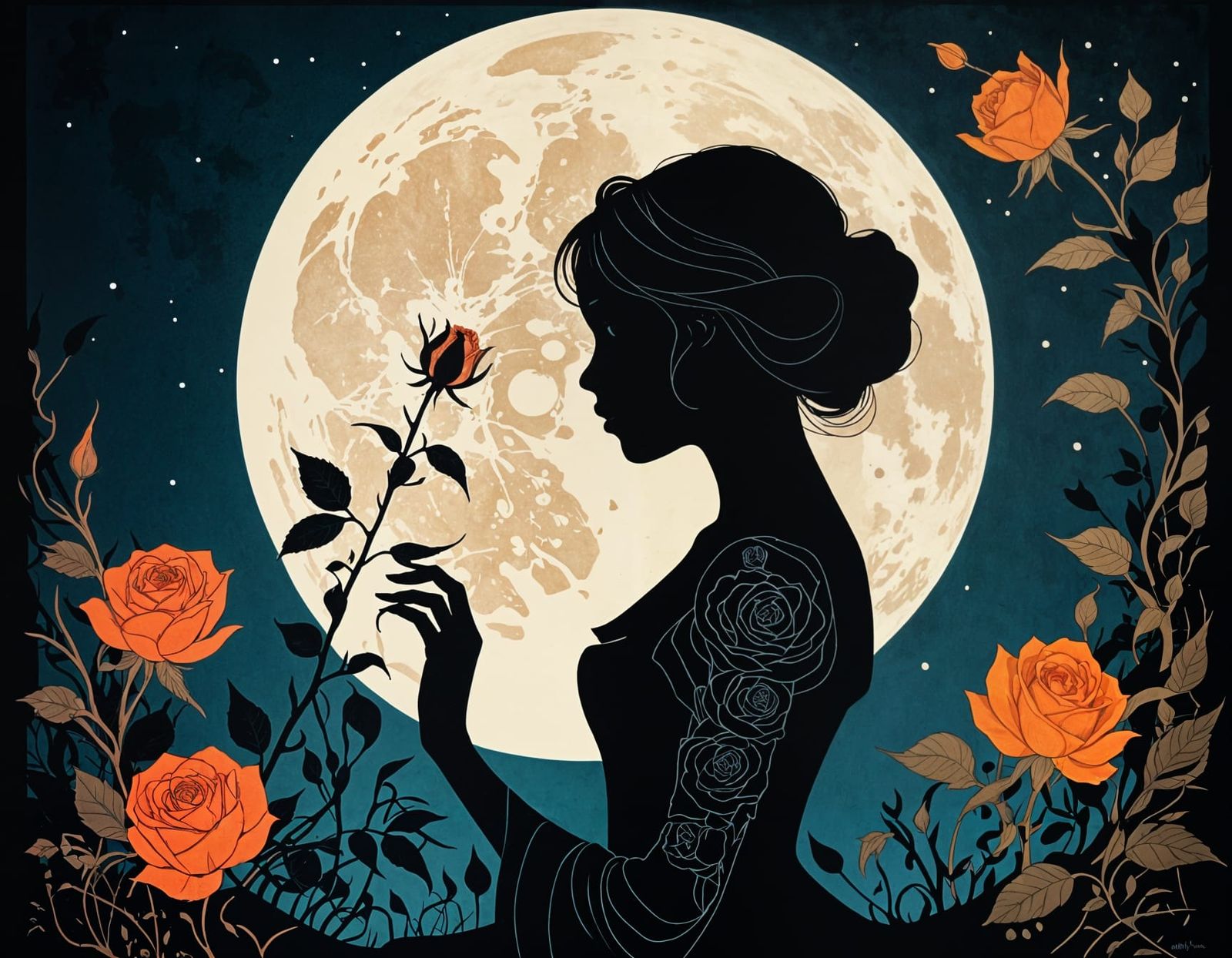 Moonlit Rose Silhouette as Hand-Coloured Linocut