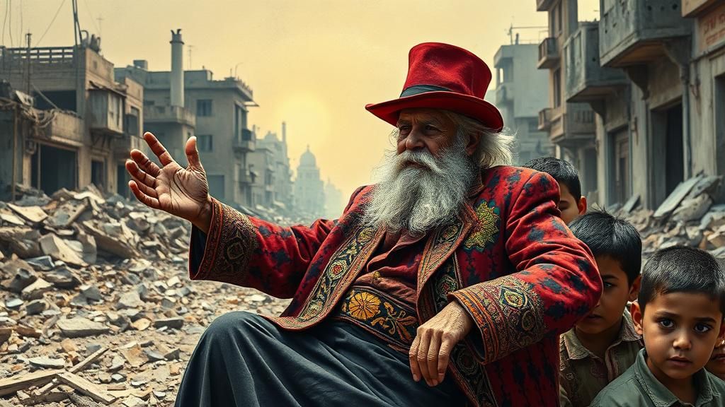 An elderly man with a wispy white beard, vibrant colourful c...