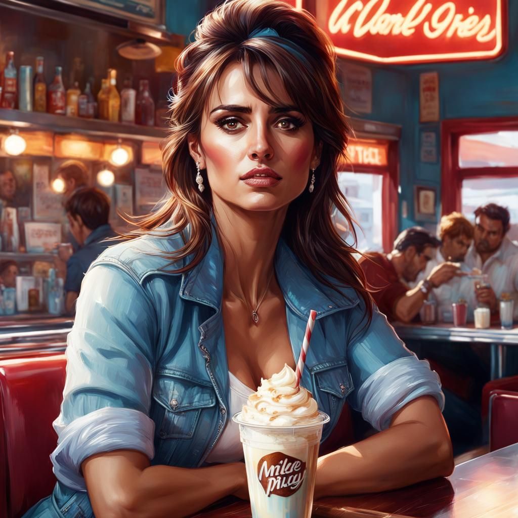 Penelope Cruz Portrait in Diner, Digital Art
