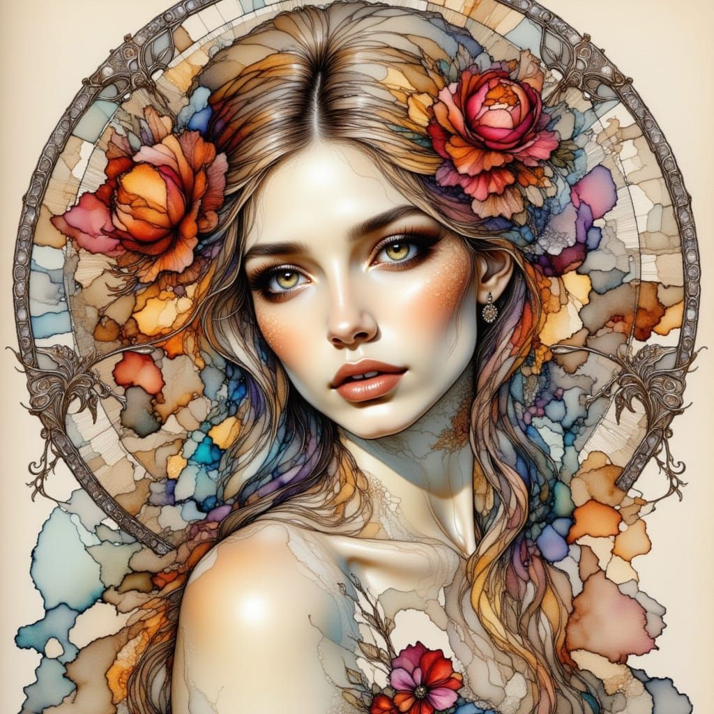 Ethereal Woman Portrait with Alcohol Ink and Metallic Effect...