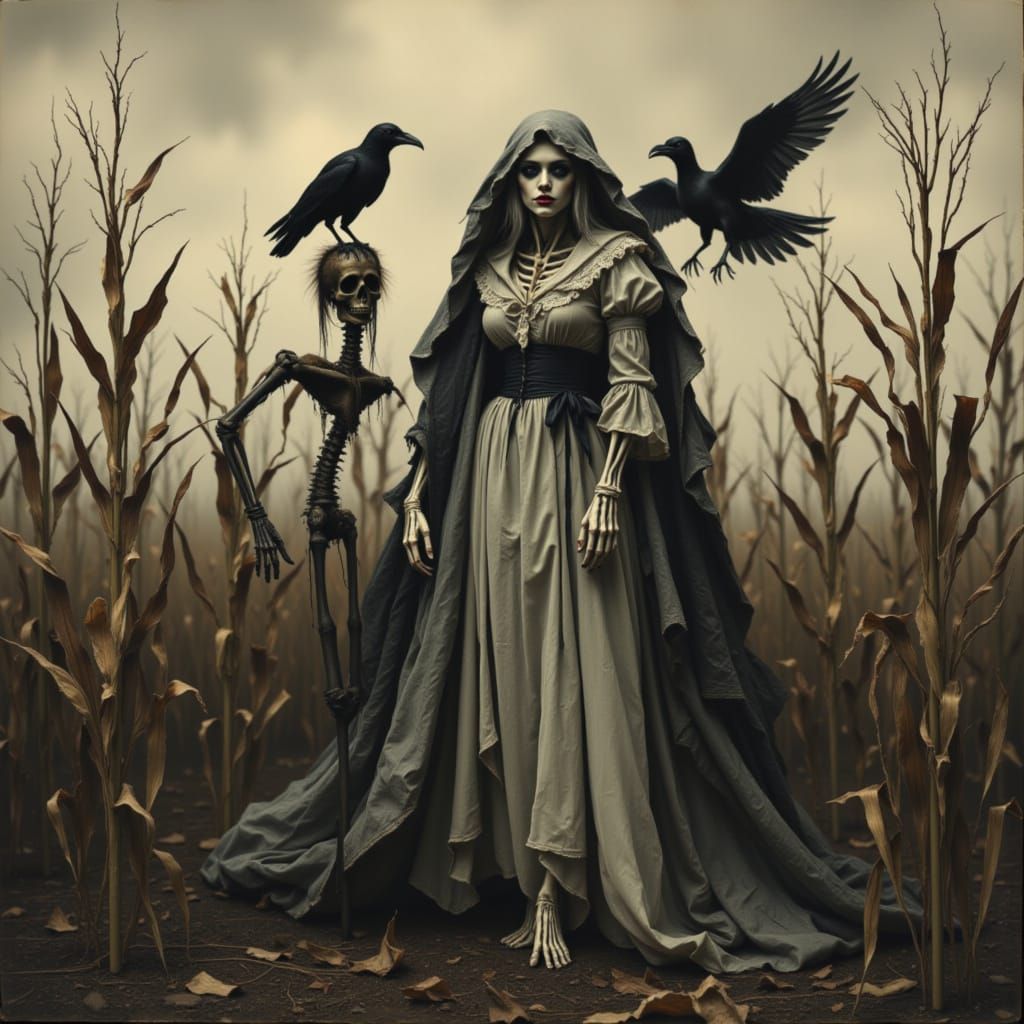 Gothic Horror: Skeletal Woman in Tattered Victorian Dress