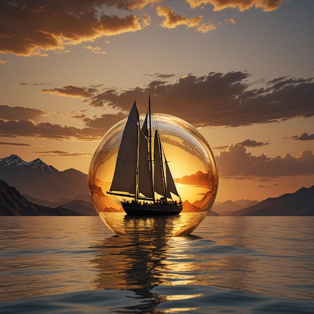 Sailboat in Glass Orb at Sunset: Digital Painting